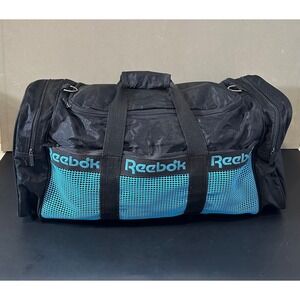 Reebok Duffel Bag Black Teal Mesh Logo Gym Sports Travel Weekend Bag Large